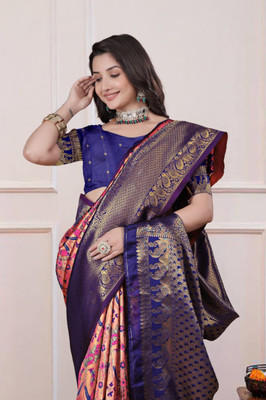 Sperova Woven Banarasi Pure Silk Saree(Pink, Purple)