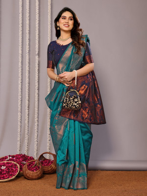 HB VENTURE Applique Banarasi Jacquard Saree(Dark Blue)