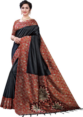 Fabwomen Printed Mysore Art Silk Saree(Black)