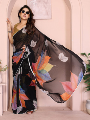 ROOP SUNDARI SAREES Floral Print Pre Draped Saree Georgette Saree(Black, Multicolor)