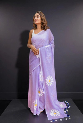 Myraani Floral Print Bollywood Cotton Linen Saree(Purple)