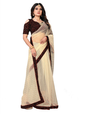 NEZAA EXPORT Embellished Bollywood Net Saree(Cream)