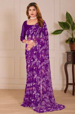 Laxmi Fashion Printed, Floral Print Assam Silk Jacquard, Cotton Silk Saree(Purple, White)