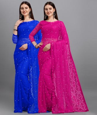 LOROFY Self Design Bollywood Net Saree(Pack of 2, Blue, Pink)