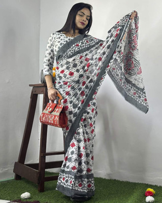 romakrishto Printed Hand Batik Pure Cotton Saree(Pack of 2, Grey)