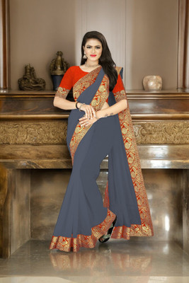 Volmina Solid/Plain Chanderi Cotton Blend Saree(Grey)