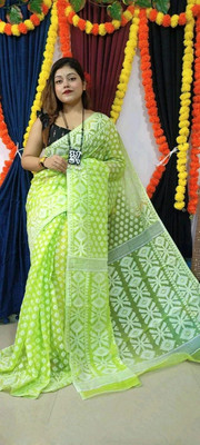 HouseOfCommon Self Design Jamdani Cotton Silk Saree(Green)