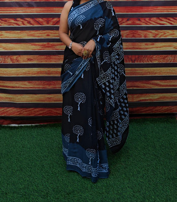 VIBEBAZAAR Blocked Printed, Floral Print, Printed Handloom Handloom Cotton Blend Saree(Black)