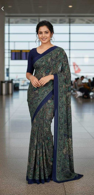 Vini Enterprises Printed, Self Design Daily Wear Crepe Saree(Blue)