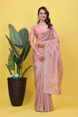 GREENA CREATION Embroidered, Woven, Self Design, Embellished Bollywood Satin Saree(Pink)