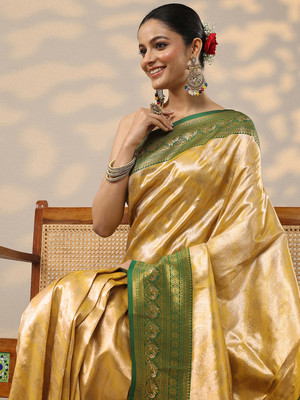 LIBAS Woven Daily Wear Silk Blend Saree(Yellow, Green)