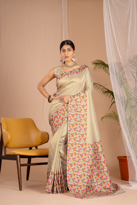 WISHLIST Digital Print Banarasi Silk Blend Saree(Beige)