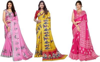 ANIRAV Printed Bollywood Art Silk Saree(Pack of 3, Pink, Yellow)