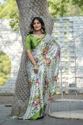 Margi Designers Floral Print, Printed Daily Wear Satin Saree(Green)