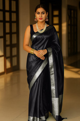 SEVAK SAREES Solid/Plain Handloom Art Silk Saree(Black)