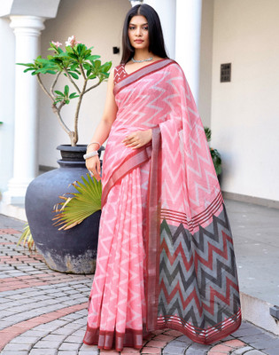 Samah Printed, Paisley Ikkat Linen Saree(Pink)