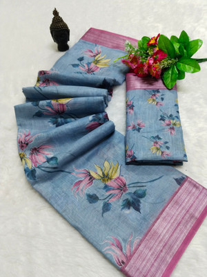 PRTRENDZ Floral Print Kanjivaram Linen, Cotton Linen Saree(Blue, Pink)