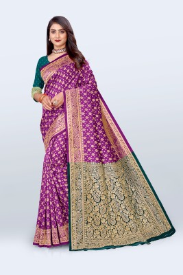 SEASON FAB Self Design, Applique, Blocked Printed, Checkered Banarasi Jacquard, Art Silk Saree(Purple)