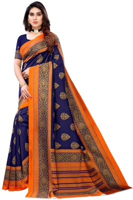 Grubstaker Printed Assam Silk Art Silk Saree(Blue, Orange)