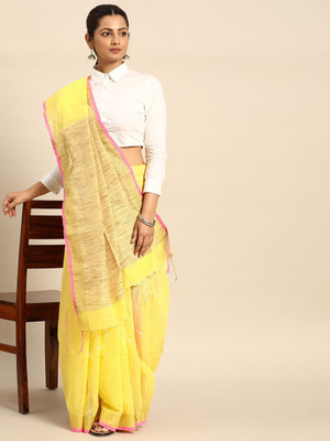 Taavi Self Design Handloom Cotton Blend Saree(Yellow)