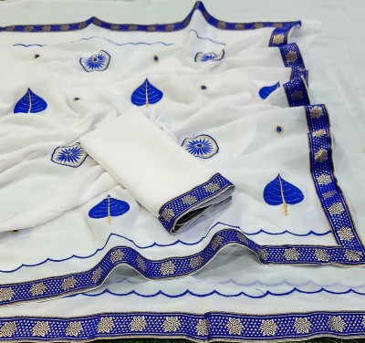 Veer Vision Embroidered, Woven, Floral Print Dharmavaram Georgette Saree(White, Blue)