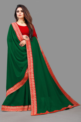 GUNHILD Self Design, Temple Border Banarasi Lycra Blend Saree(Green)