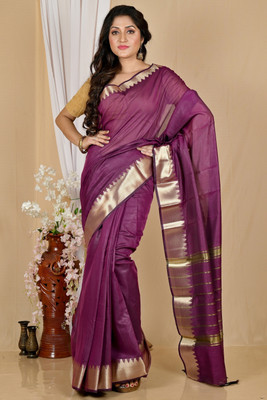 PuJoy Self Design, Solid/Plain, Woven Handloom Cotton Silk Saree(Purple)