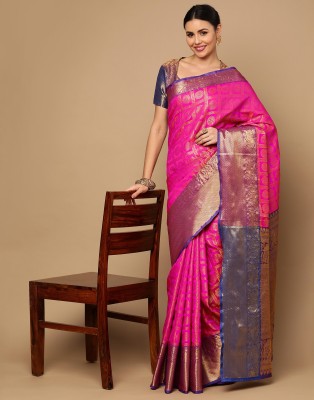 Satrani Self Design, Woven, Embellished Banarasi Jacquard, Pure Silk Saree(Gold, Pink)
