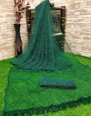 GZS Solid/Plain Banarasi Net Saree(Dark Green)