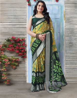 Samah Woven, Geometric Print, Printed Bollywood Chiffon Saree(Yellow, Dark Green, Multicolor)