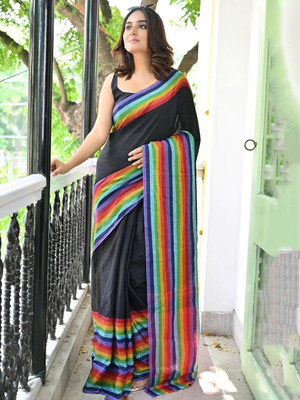 Lakshmi Boutique Solid/Plain, Striped, Self Design Handloom Handloom Mulmul Saree(Black)