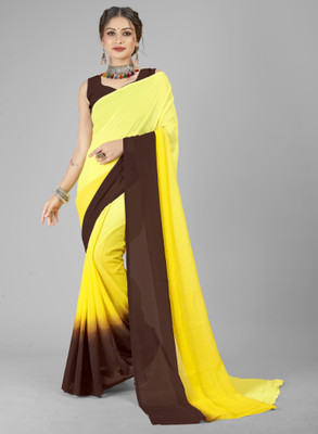 Anand Sarees Color Block, Solid/Plain Bollywood Georgette Saree(Brown, Yellow)