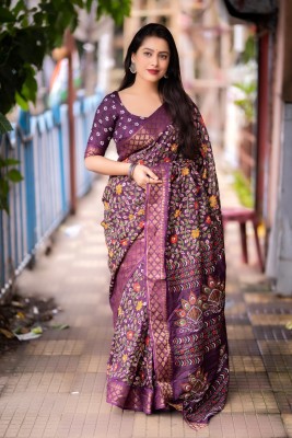 STAVA CREATION Printed Kanjivaram Cotton Silk Saree(Purple)