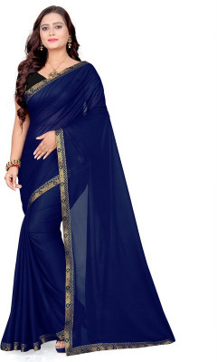 Foxsite Solid/Plain Bollywood Lycra Blend Saree(Dark Blue)