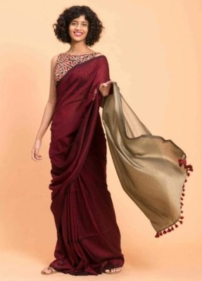 Kumaresh Creation Color Block Daily Wear Cotton Silk Saree(Maroon, Cream)