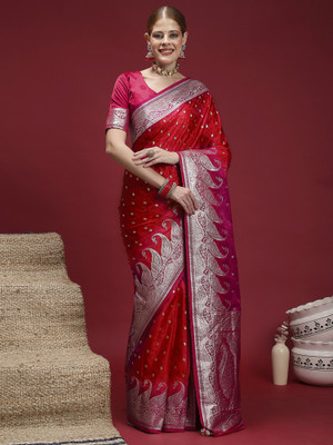 Sangria Woven Banarasi Satin, Silk Blend Saree(Red)