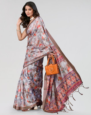 Nirvaan Printed Mysore Art Silk Saree(Grey)