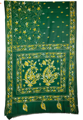 Soul of Bengal Embroidered Kantha Art Silk Saree(Green)