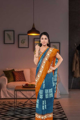 Classy Foriever Printed Ikkat Cotton Blend Saree(Light Blue)