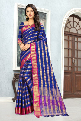 SERONA FABRICS Printed, Striped Bollywood Art Silk Saree(Blue)