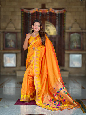 Yogik Creation Floral Print Paithani Silk Blend Saree(Orange)