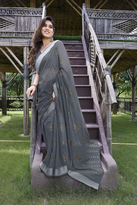 MIRCHI FASHION Embellished, Ombre, Blocked Printed Bollywood Cotton Blend Saree(Grey, Gold)