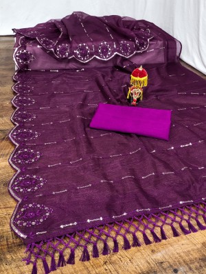 MIYANIFAB Embroidered, Floral Print Bollywood Organza Saree(Purple)