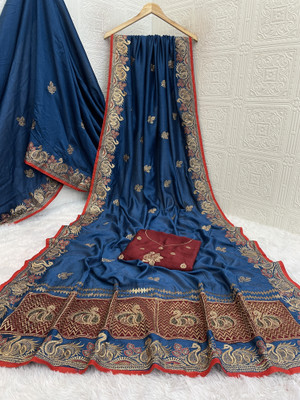 CHAMUNDA CREATION Embroidered Bollywood Pure Silk Saree(Dark Blue)