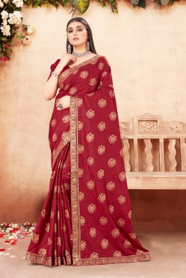 Hare Krishna Embroidered Bollywood Art Silk Saree(Maroon)