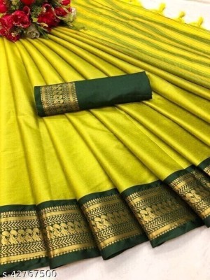 Juhi Collection Woven, Embellished, Solid/Plain Kanjivaram Art Silk, Cotton Silk Saree(Yellow)