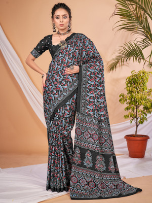 Ratnavati Digital Print Daily Wear Silk Blend Saree(Black)