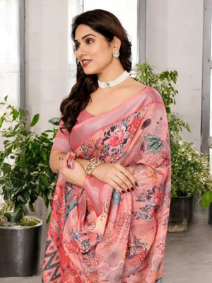 Marabout Digital Print Bollywood Cotton Linen Saree(Black)