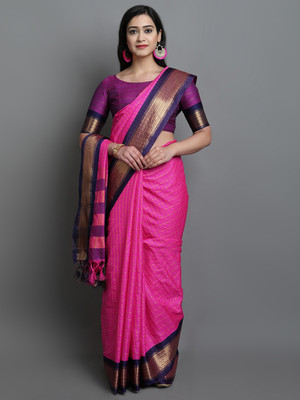 HouseOfCommon Woven, Checkered, Embellished, Self Design Daily Wear Jacquard, Cotton Silk Saree(Pink)