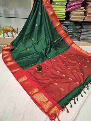 NST5 Woven Kanjivaram Cotton Silk, Organza Saree(Green, Red)